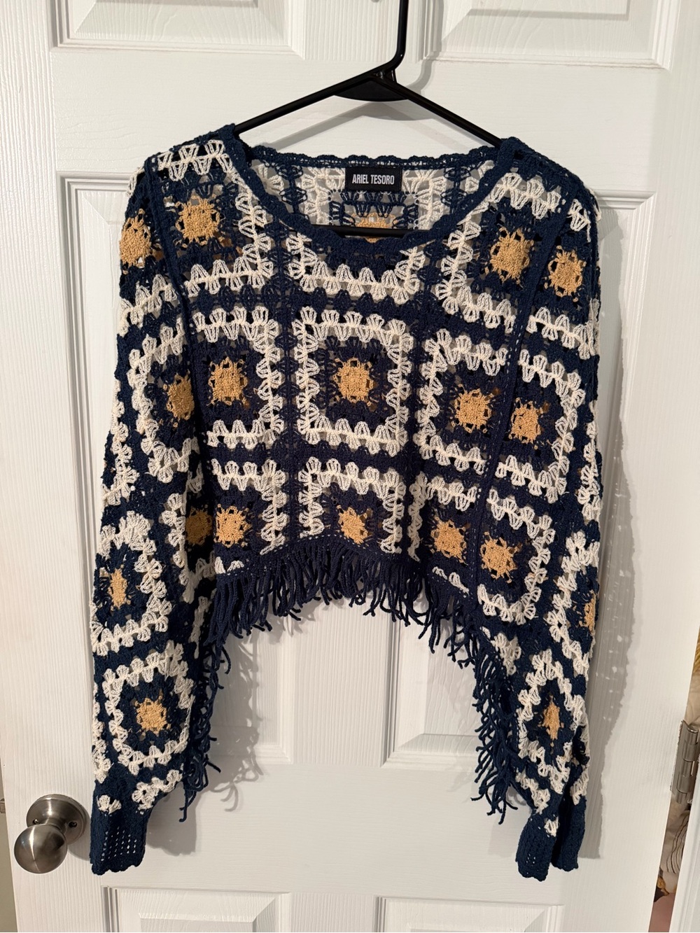 Navy, Cream & Gold Crochet Fringe Pullover